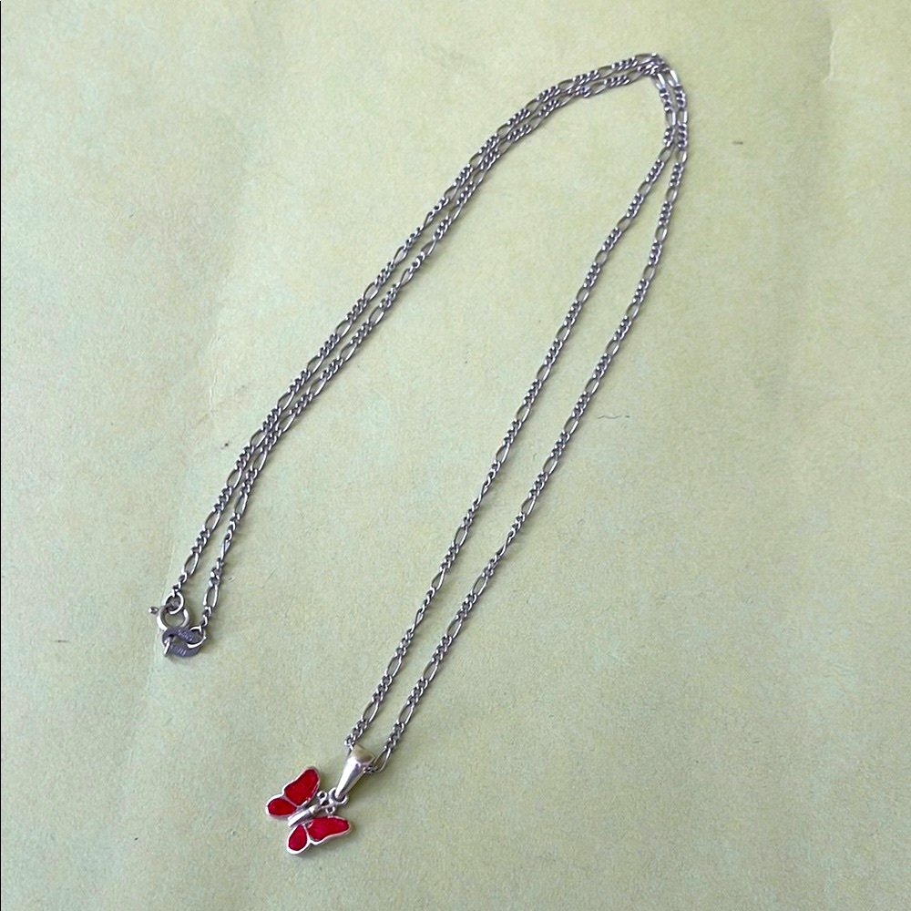 Elegant Sterling Silver Necklace with Red Butterfly Pendant